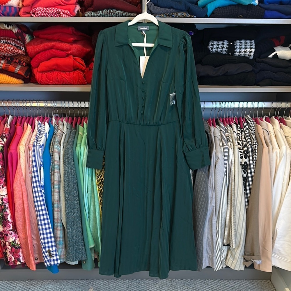 Modcloth hunter green long sleeve side zipper elastic waistband dress 2 NWT